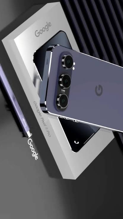 Smartphone Google Pixel 11 Pro na cor roxa sobre sua caixa de embalagem com uma caneta stylus ao lado.